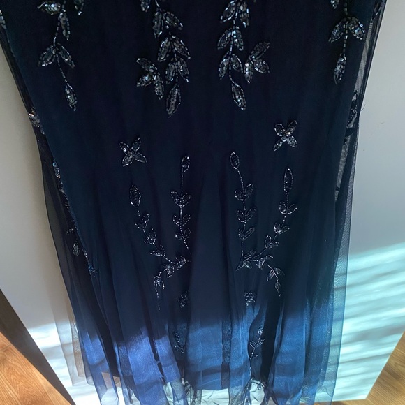 MARINA Midnight Blue Gown with Silver Beaded Leaf Design - Picture 2 of 8